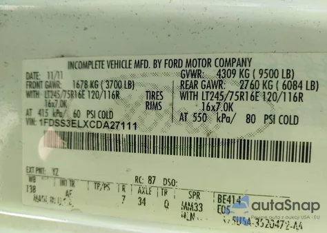 2012 Ford E-350 Super Duty Commercial from USA, damaged, VIN 1FDSS3ELXCDA27111